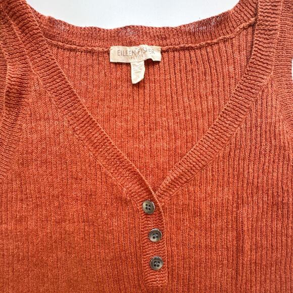 Eileen Fisher Petite Large Linen Henley Tank Rust Orange Sleeveless Ribbed Knit - Picture 2 of 11